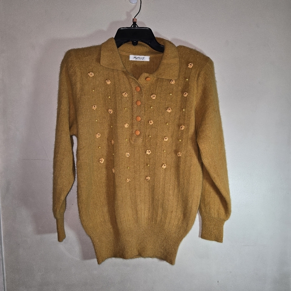 Mustard Yellow Women's Sweater with Floral Embroidery